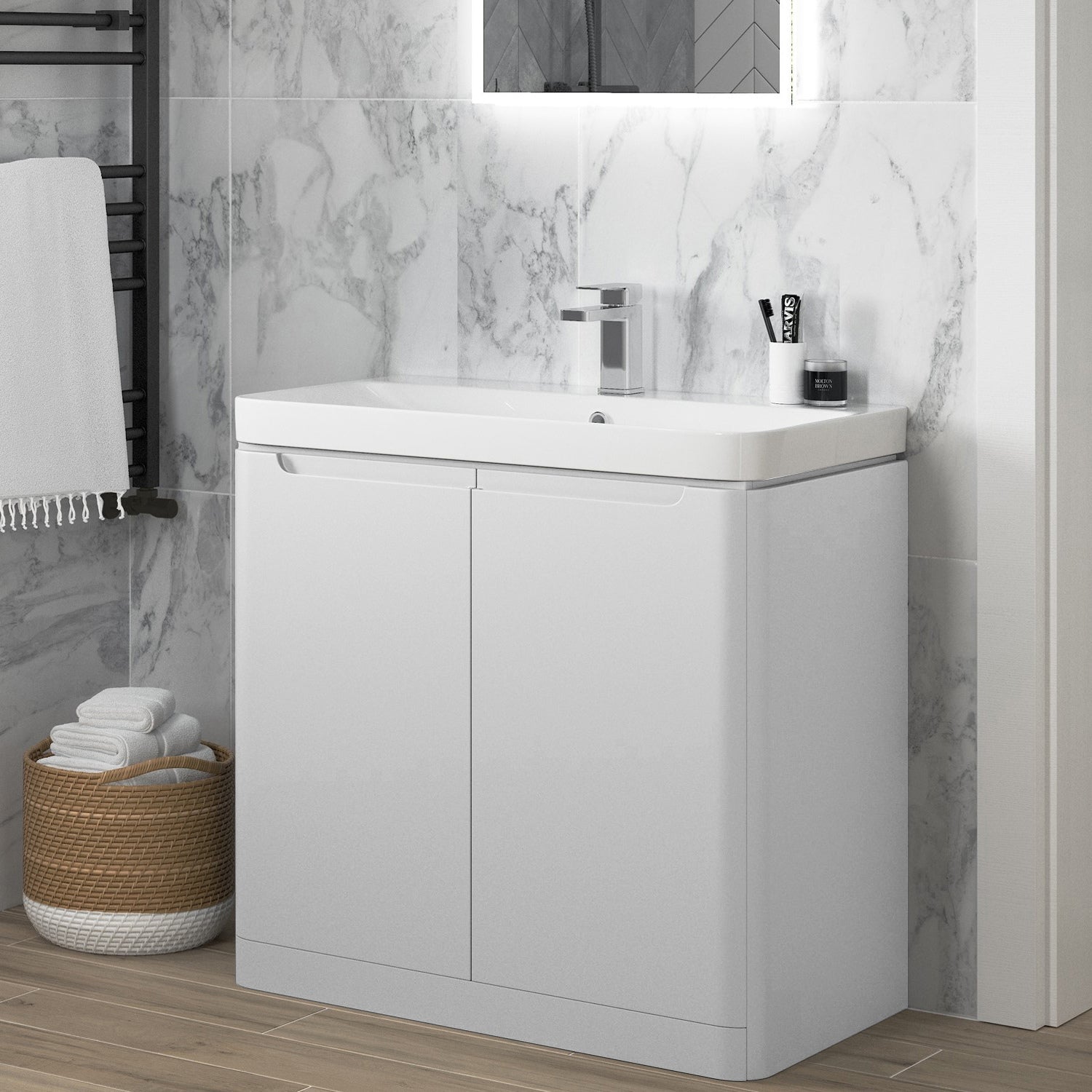 Calvino 800mm 2 Door Floor Standing Basin Unit - White Gloss - bathandtile