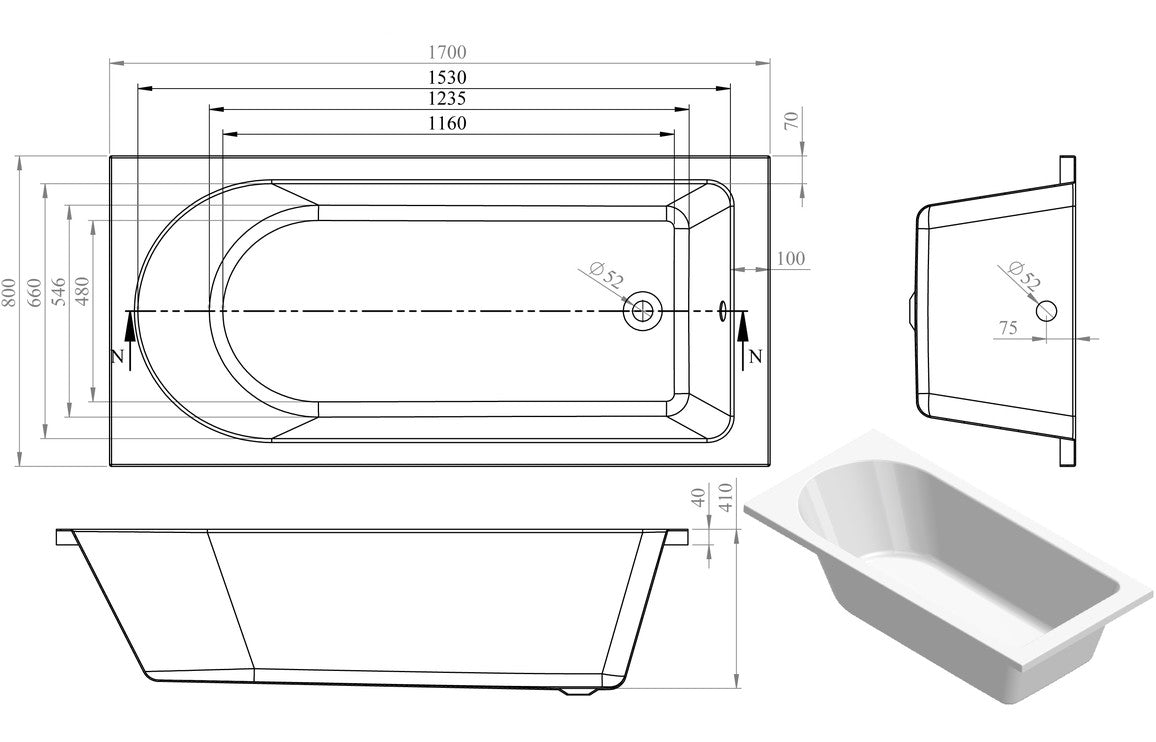 Ceria Round Single Ended Bath 1700x800x550mm - bathandtile