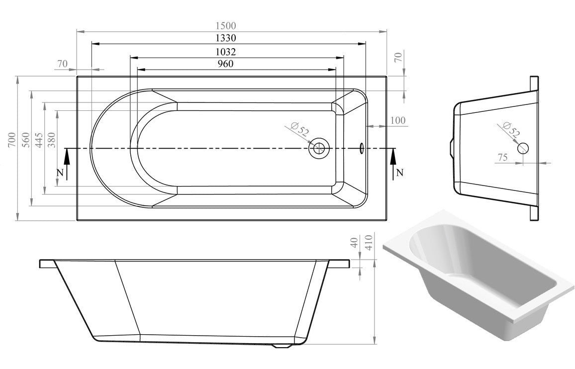 Ceria Round Single Ended SUPERCAST Bath 1500x700x550mm - bathandtile