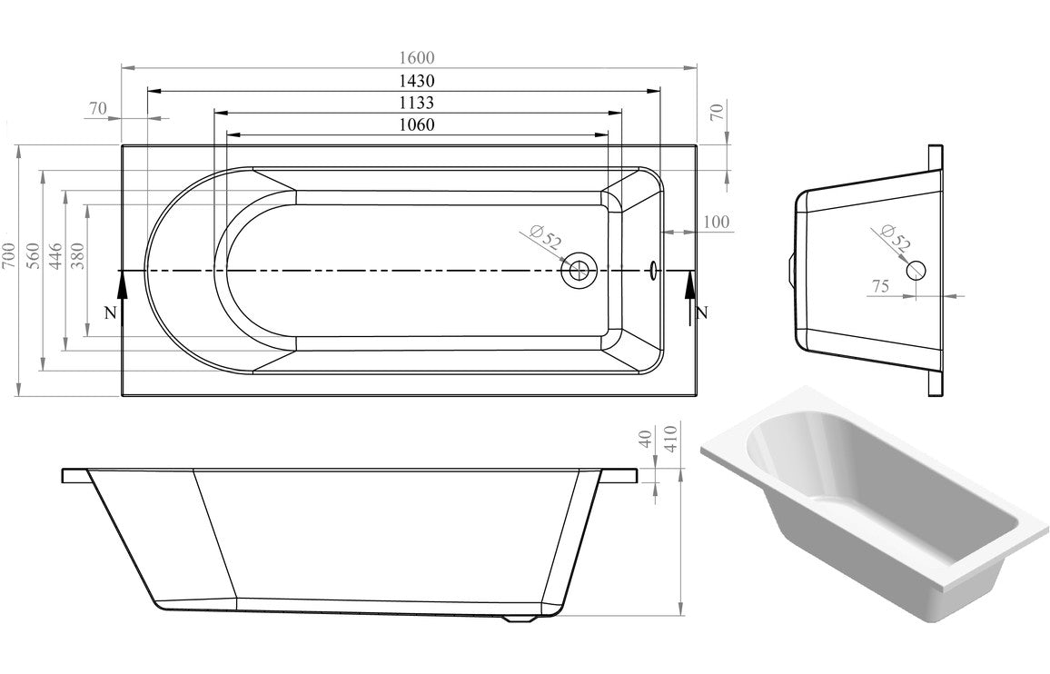 Ceria Round Single Ended SUPERCAST Bath 1600x700x550mm - bathandtile