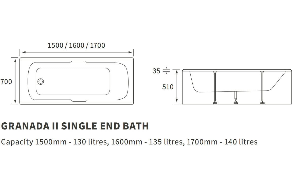 Ciana Single End Twin Grip Textured Base Bath 1700x700x510mm 2TH - bathandtile