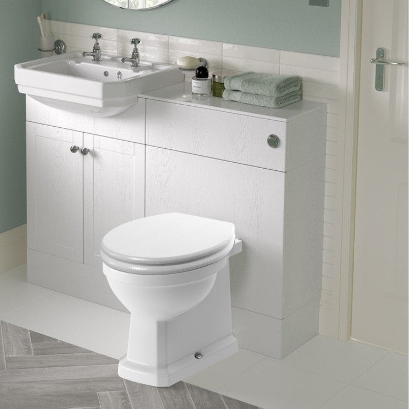 Florence Back To Wall WC & Lucia Satin White Wood Effect Toilet Seat - bathandtile