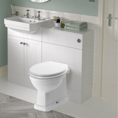 Florence Back To Wall WC & Lucia Satin White Wood Effect Toilet Seat