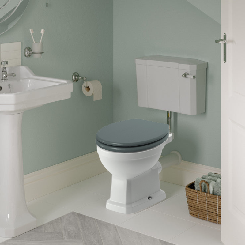Florence Low Level WC & Sea Green Wood Effect Toilet Seat
