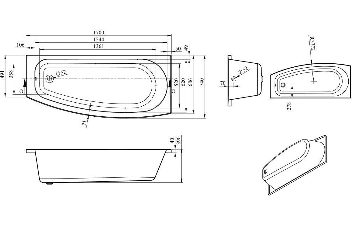 Iniga Space Saving Bath 1700x740x560mm (LH) - bathandtile