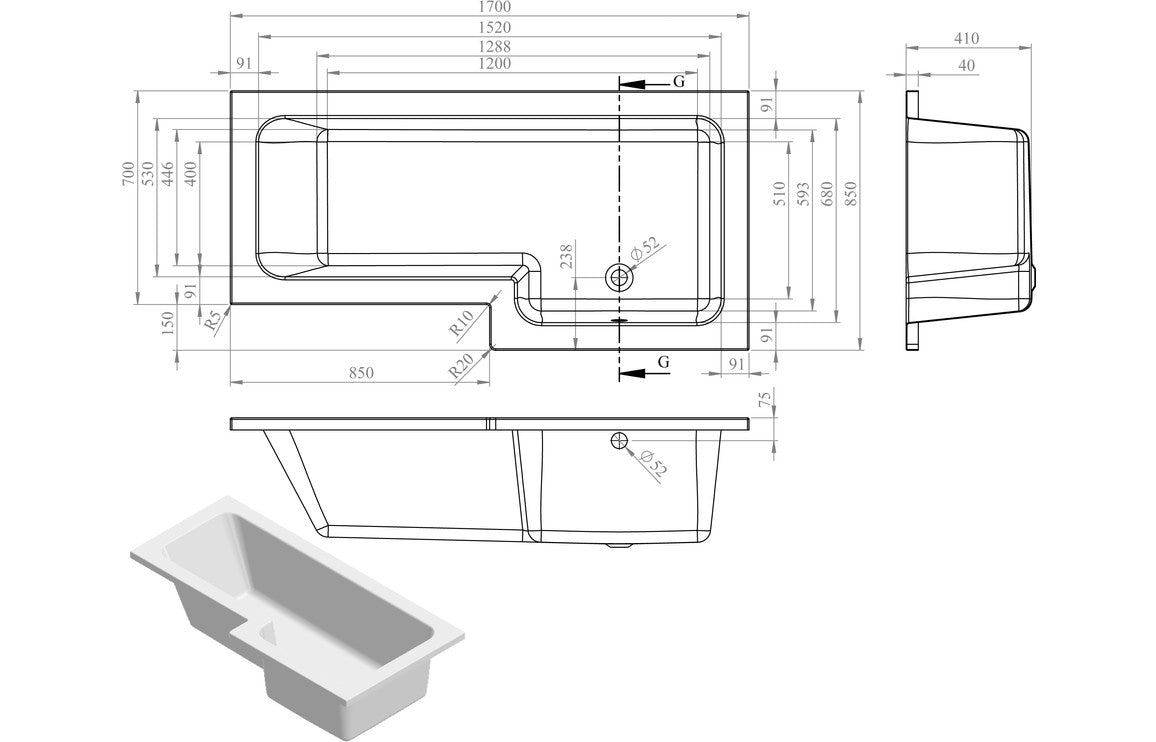 L-Shape Shower Bath Panel & Screen 1700x700-850x410mm (RH) - bathandtile