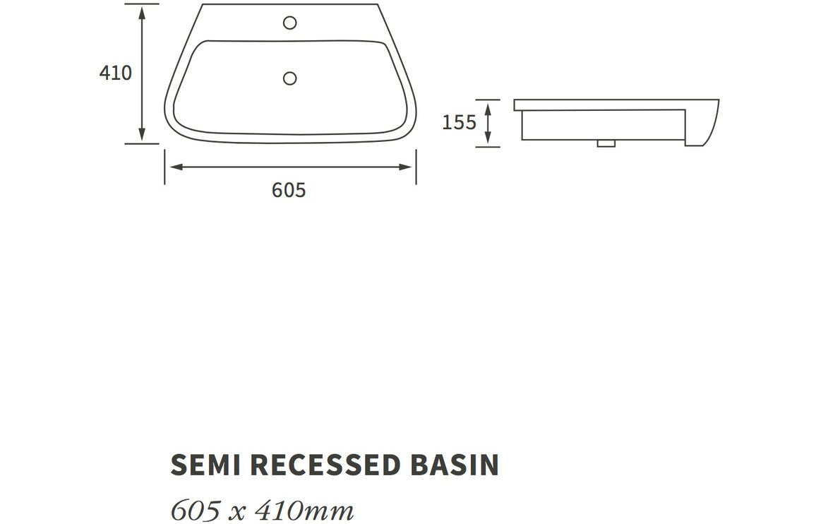 Lorenzo Semi Recessed Basin 605x410mm 1TH - bathandtile