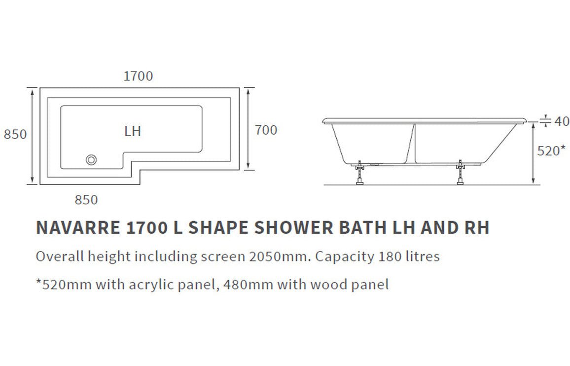 Lucio L Shape Shower Bath 1700x850x560mm (RH) - bathandtile