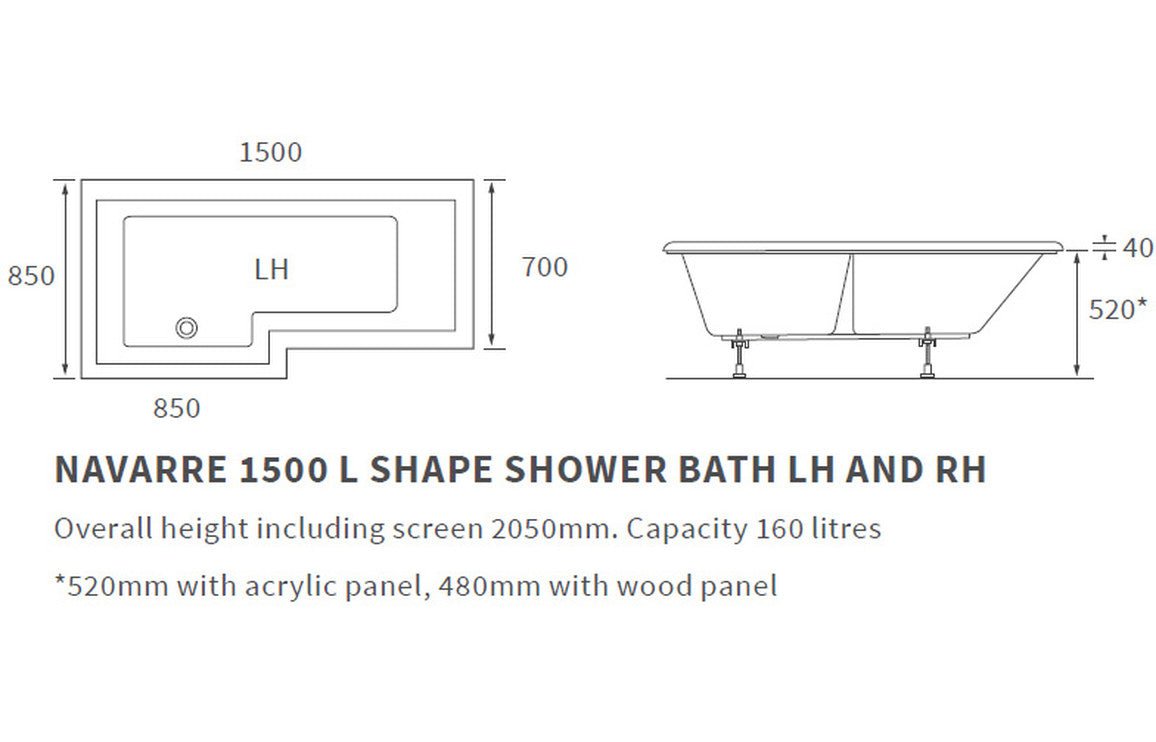 Lucio L Shape Shower Bath Pack1500x850x560mm (LH) - bathandtile