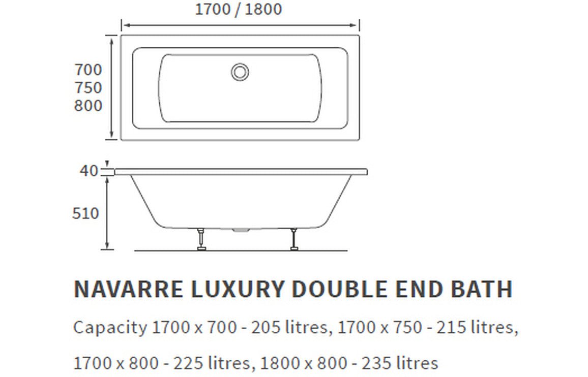 Lucio Square Double Ended Bath 1700x700x550mm - bathandtile
