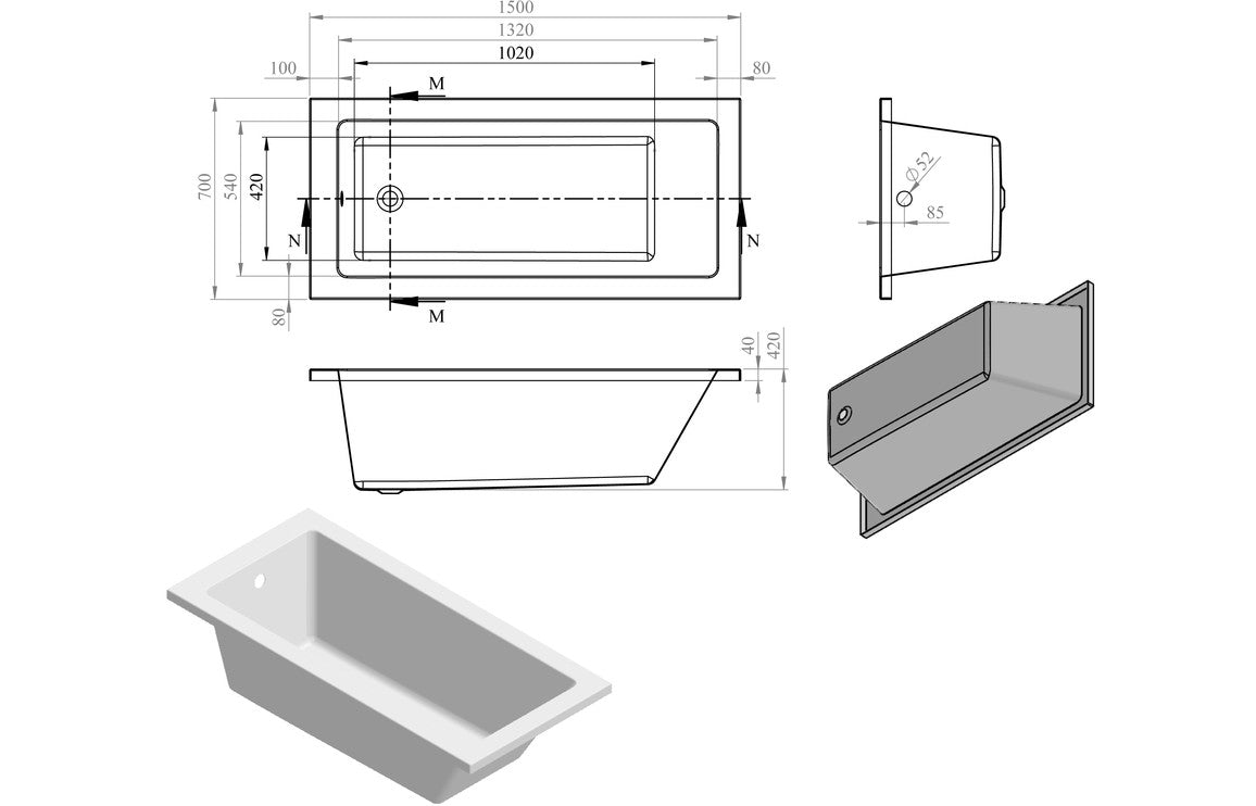 Lucio Square Single Ended Bath 1500x700x550mm - bathandtile