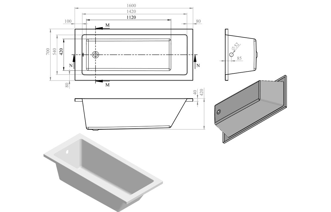 Lucio Square Single Ended Bath 1600x700x550mm - bathandtile