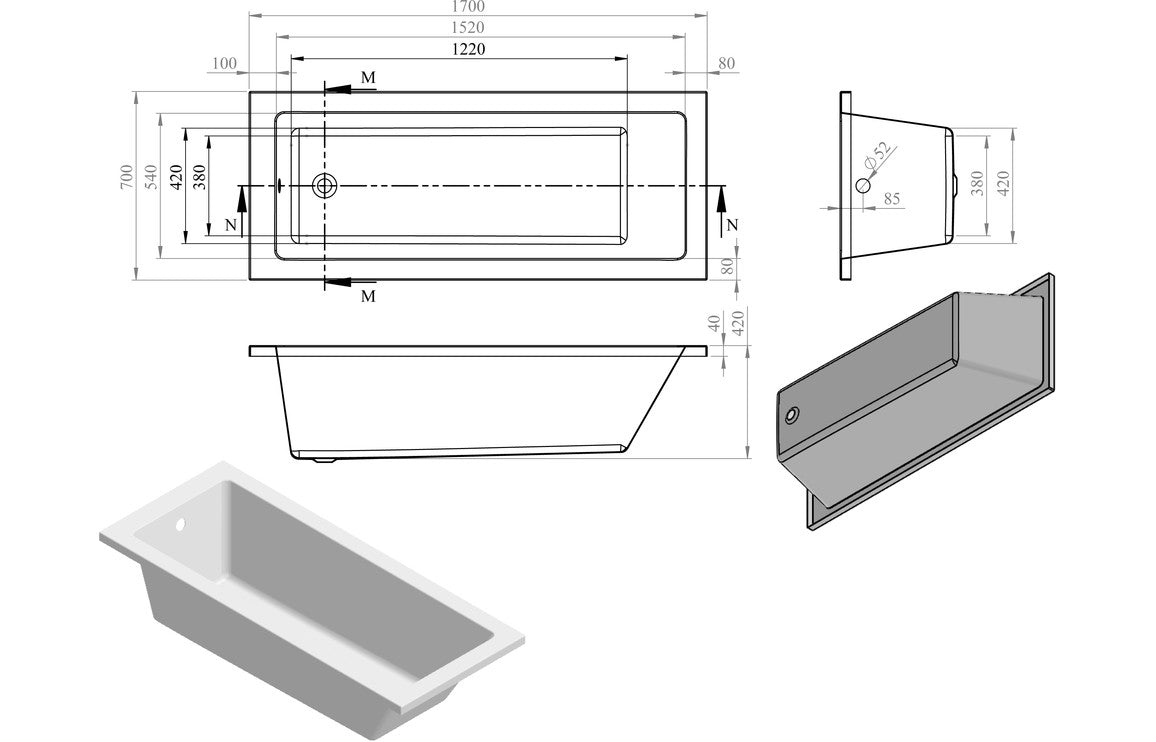 Lucio Square Single Ended Bath 1700x700x550mm - bathandtile