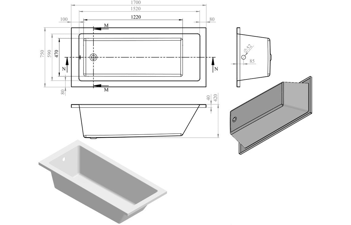 Lucio Square Single Ended Bath 1700x750x550mm - bathandtile