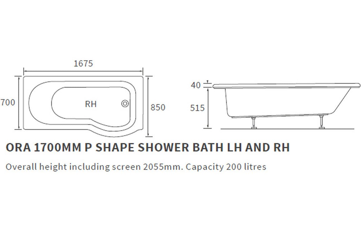 Ludo P Shape SUPERCAST Shower Bath Pack 1700x850x560mm (RH) - bathandtile