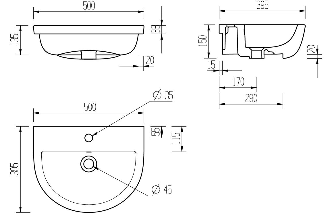 Marco Semi Recessed Basin 500x390mm 1TH - bathandtile