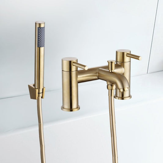 Montel Brushed Brass Bath Filler Tap with Shower Mixer Kit - bathandtile