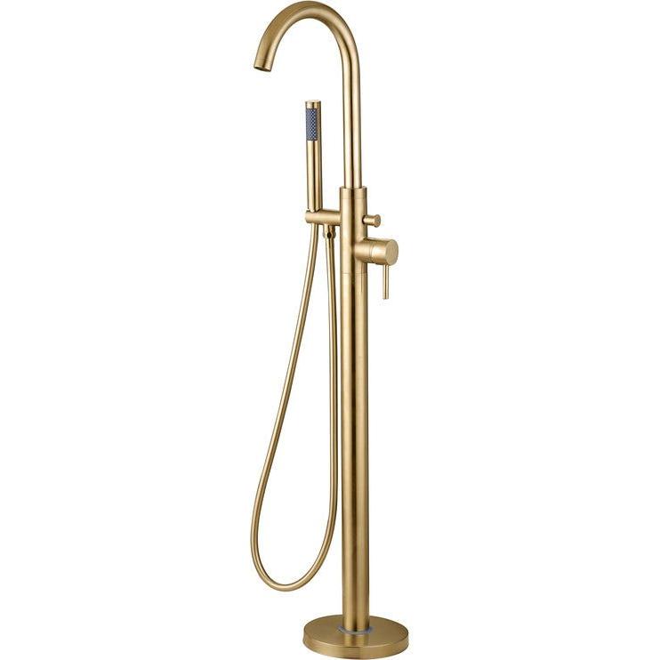 Montel Brushed Brass Freestanding Bath Filler Tap with Shower Mixer - bathandtile