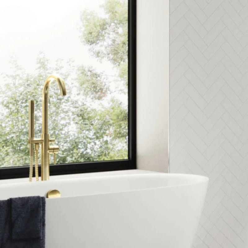 Montel Brushed Brass Freestanding Bath Filler Tap with Shower Mixer - bathandtile