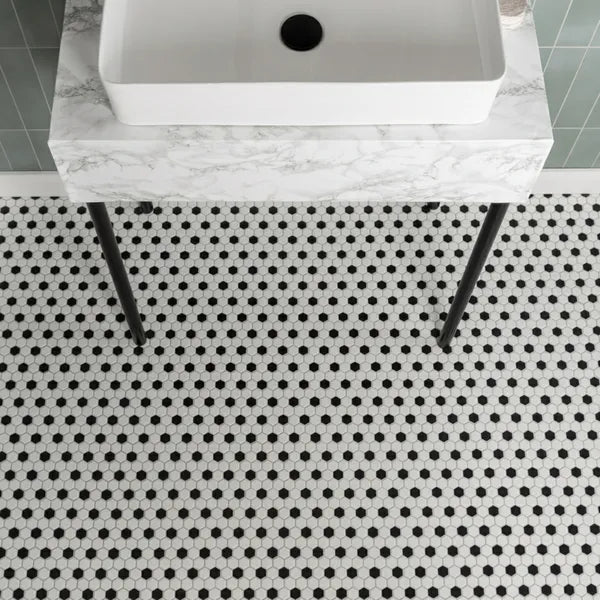 Pixel Chequer Hexagon White & Black Matt 260x300 (Price Per sheet) Tiles - bathandtile