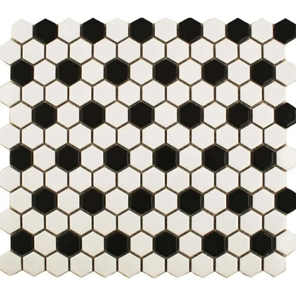 Pixel Chequer Hexagon White & Black Matt 260x300 (Price Per sheet) Tiles - bathandtile