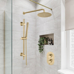 Two Outlet Shower Valve with Riser & Overhead Kit - Brushed Brass