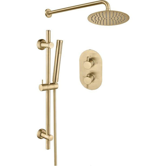 Two Outlet Shower Valve with Riser & Overhead Kit - Brushed Brass - bathandtile