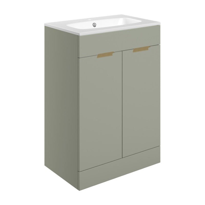 Valente 615mm Floor Standing 2 Door Basin Unit & Basin - Matt Olive Green - bathandtile