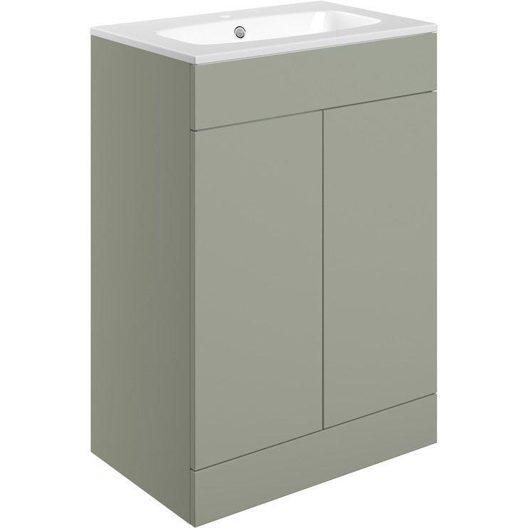 Valente 615mm Floor Standing 2 Door Basin Unit & Basin - Matt Olive Green - bathandtile