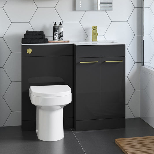 valeria 1100mm combination toilet basin unit rh anthracite gloss brass handles, Alessio, Bathroom Cabinet, 1