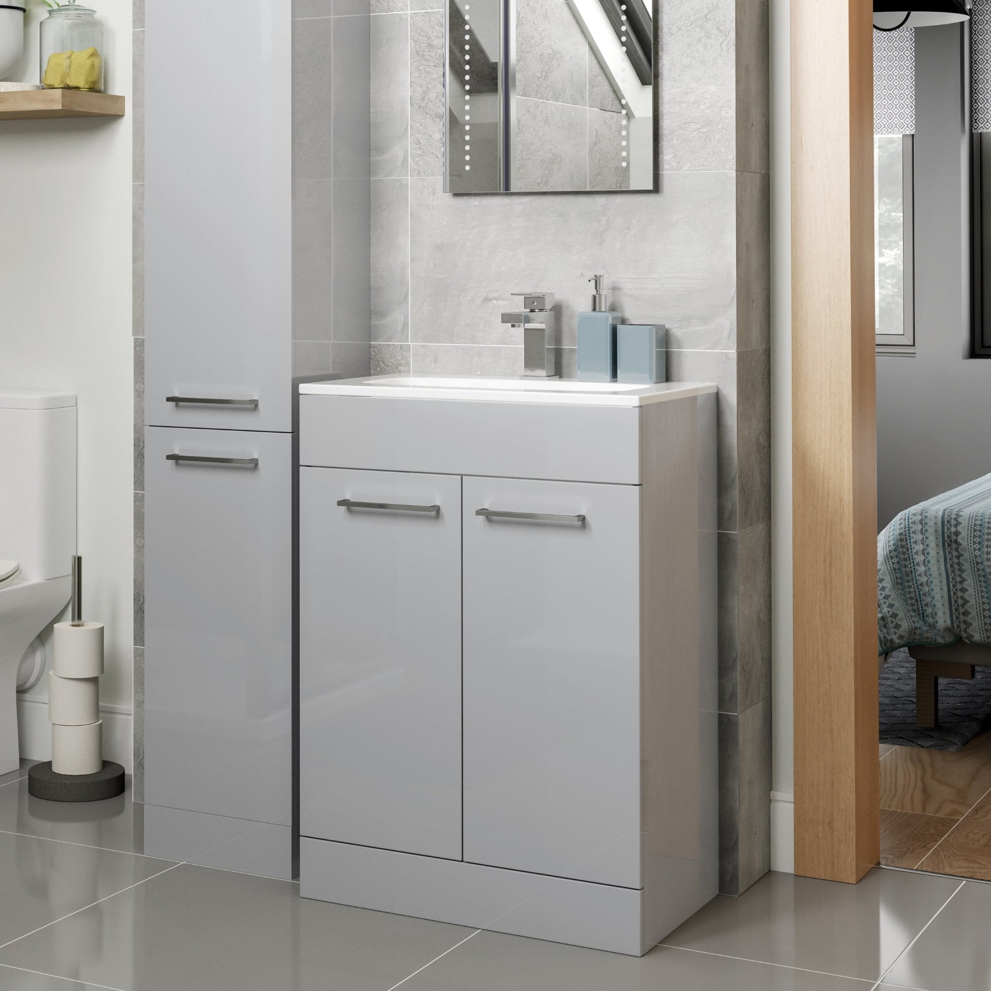 Vito 510mm Floor Standing 2 Door Basin Unit & Basin - Grey Gloss - bathandtile