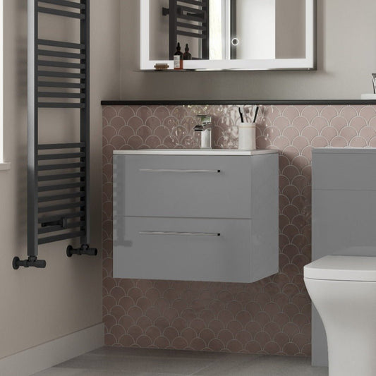 vito 610mm wall hung 2 drawer basin unit basin grey gloss, Alessio, Wall Hung Vanity Unit, 1