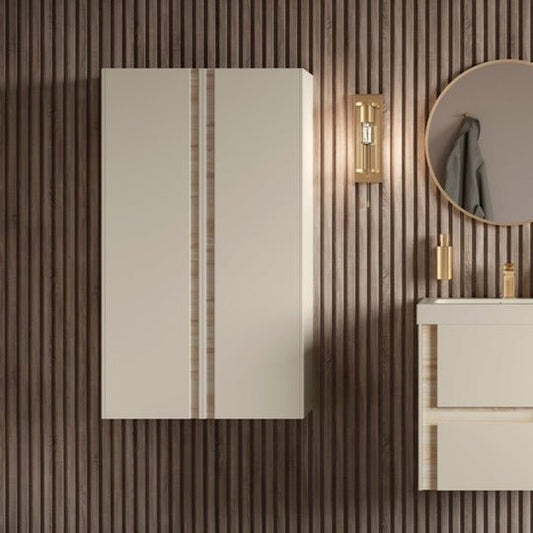 Zane 350mm Wall Hung 1 Door Tall Unit - Matt Cotton & Oak Effect Finish - bathandtile