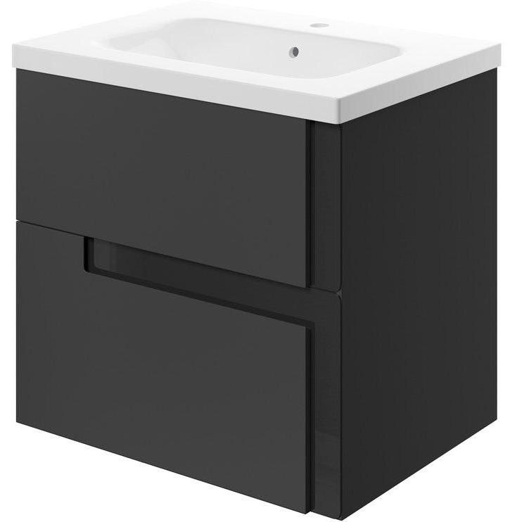 Zane 615mm Wall Hung Basin Unit & White Basin - Matt Black & Glass - bathandtile